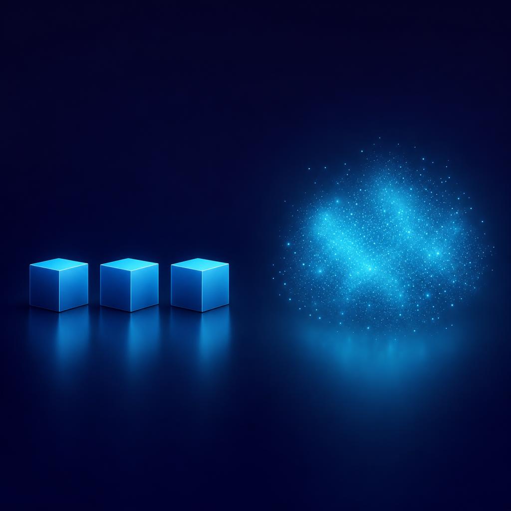 Three identical blue cubes lined up on the left facing a glowing edgeless cloud of particles on the right, on a midnight navy background