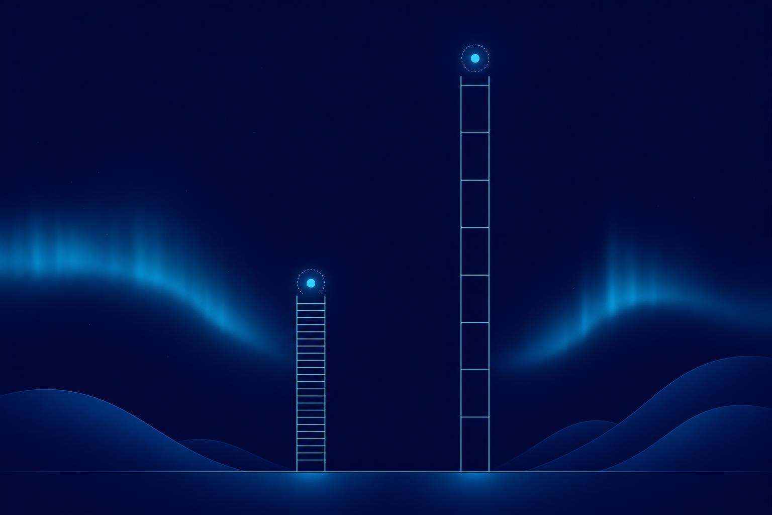 Two ladders on the same baseline: the left one with tightly spaced rungs and the right one with widely spaced rungs reaching much higher, with the same glowing marker on top of each