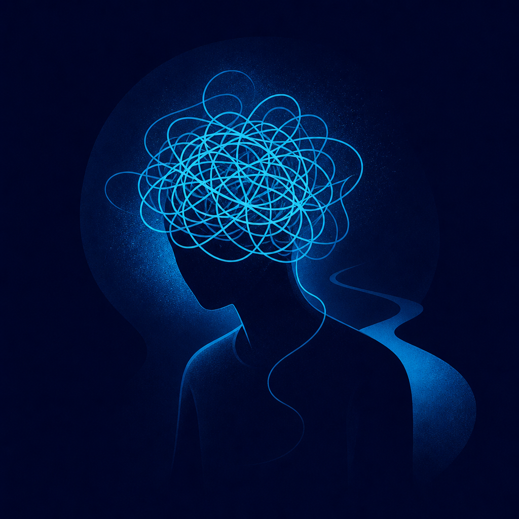 Abstract silhouette of a person going blank under pressure, the mind drawn as tangled lines on a midnight-navy background