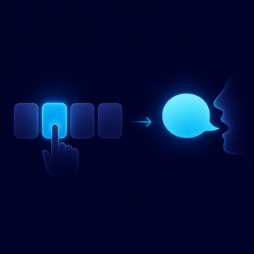 Ilustración abstracta que contrasta cuatro fichas de opción múltiple, una resaltada en cian, con una única burbuja de habla saliendo de una boca, sobre fondo azul noche