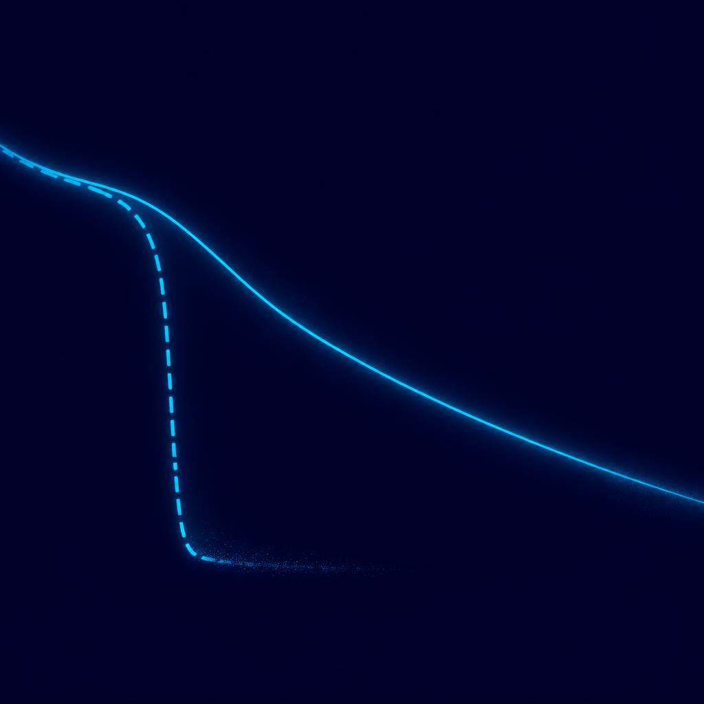 Two curves on a midnight navy field: one drops vertically like a cliff edge and fades out, the other descends smoothly and continuously without ever reaching zero