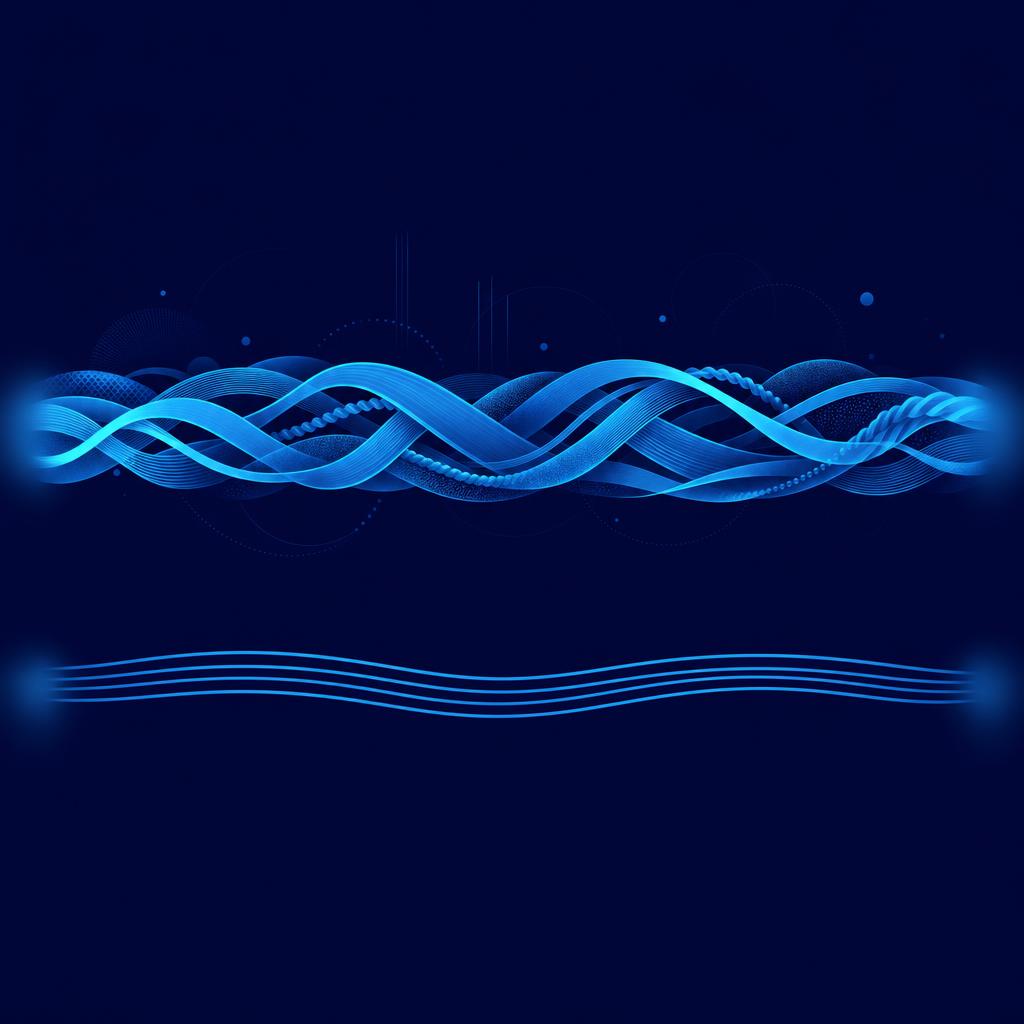 Two ribbons of light of the same length: the top one woven from many strands of varied thickness and texture, the bottom one from a few thin strands that repeat