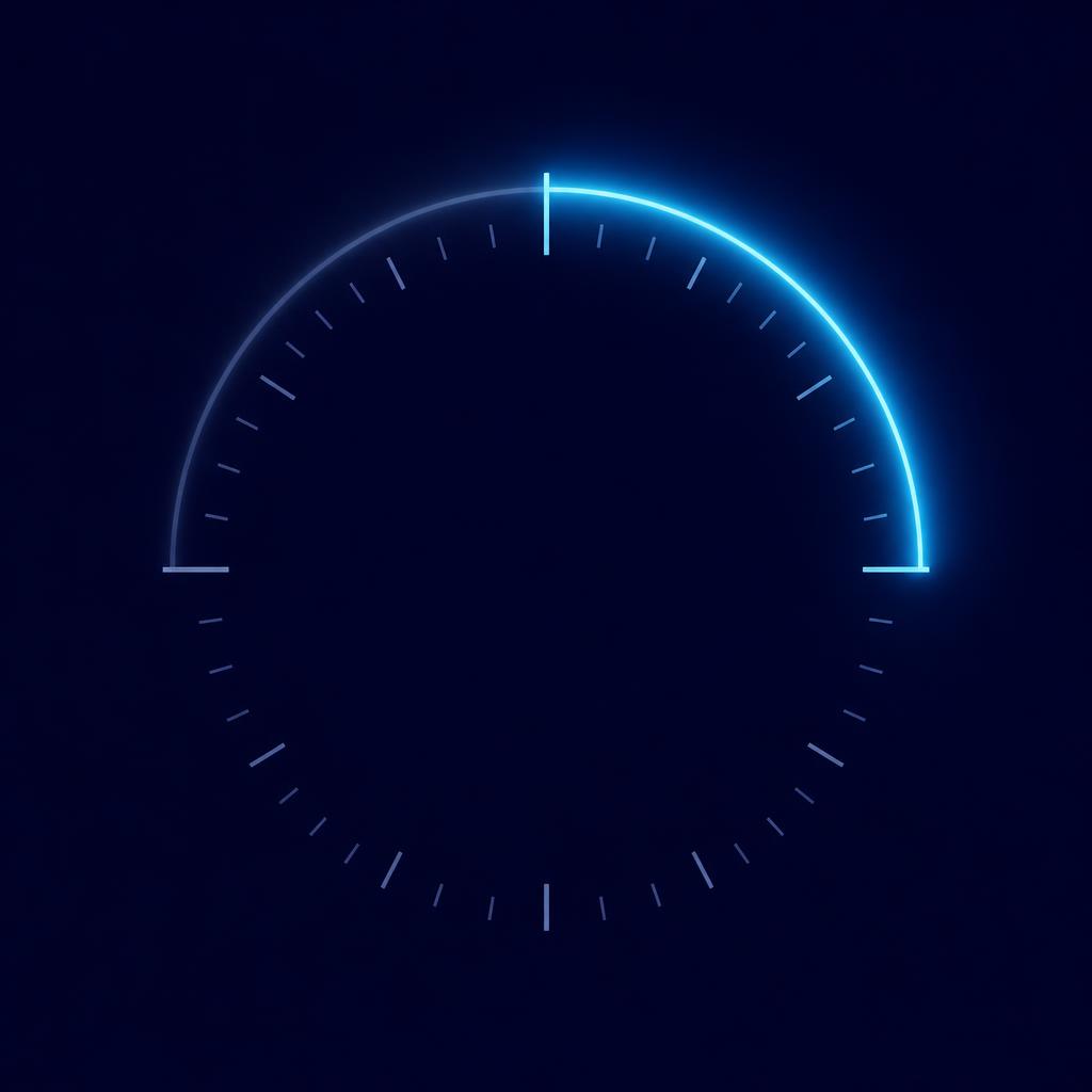 A dial of thin tick marks with a bright cyan arc sweeping forward from one anchored mark and a much fainter arc leaving in the opposite direction