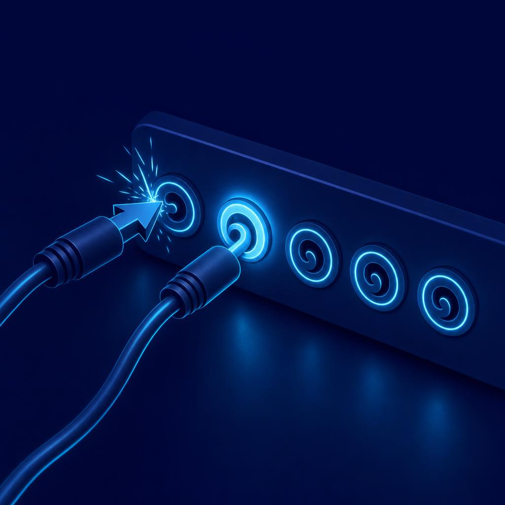 A row of sockets with spiral openings: an arrow-tipped plug sparks and fails to fit, while a spiral-tipped plug slides in easily and lights up