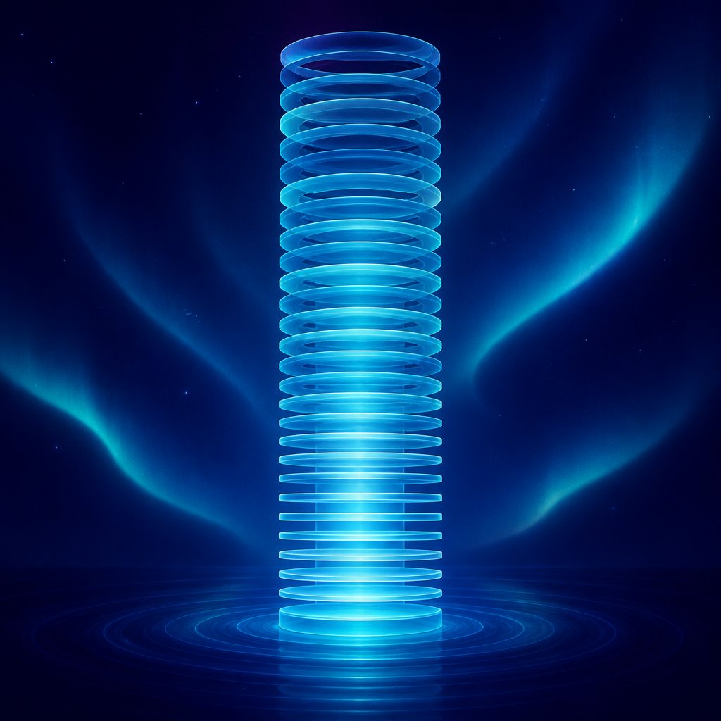 A tower of stacked translucent rings glowing from within against a midnight-navy background with cyan auroras