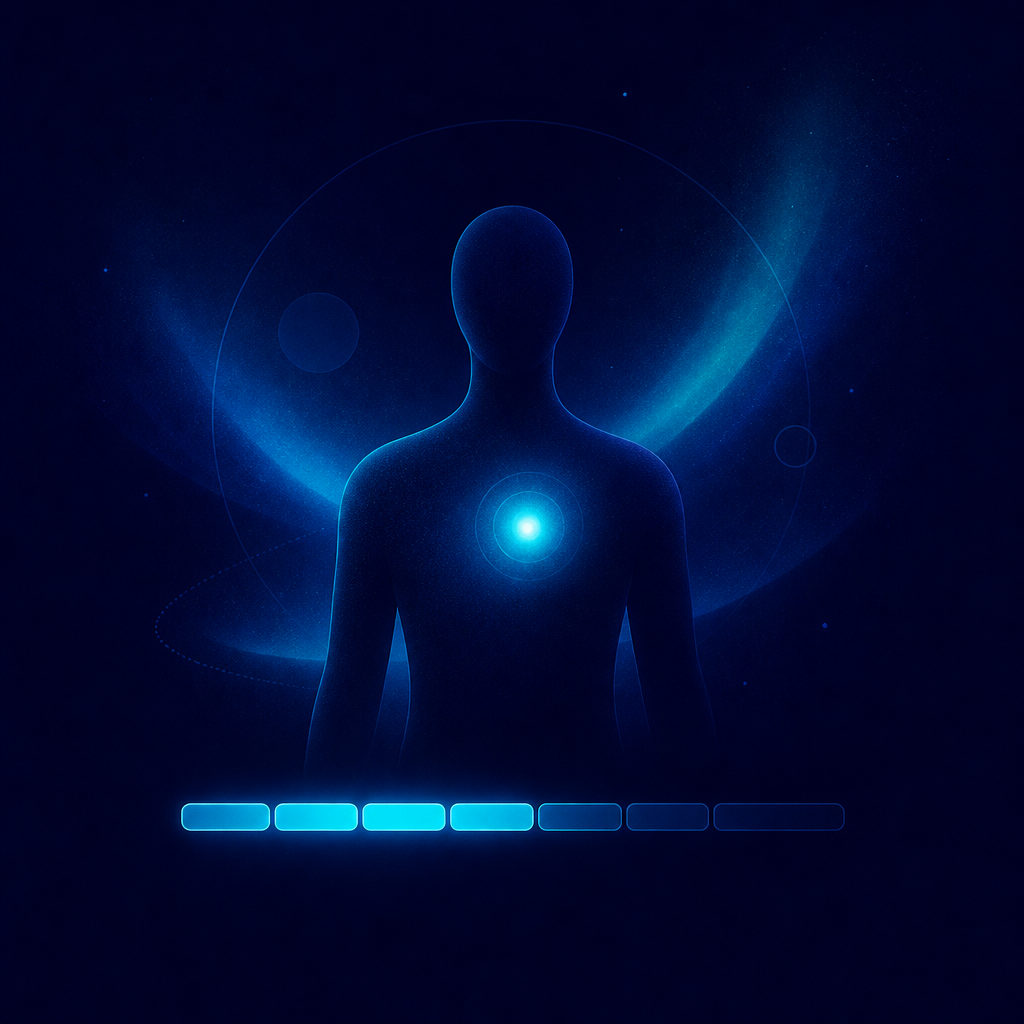 Abstract silhouette of a body with a marked pain point and a 0-to-10 intensity scale