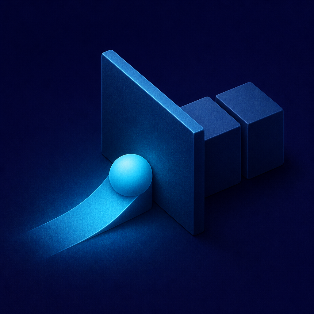 Diagram of a wall blocking two tightly packed blocks, with a sphere wedged in front of them as a makeshift ramp