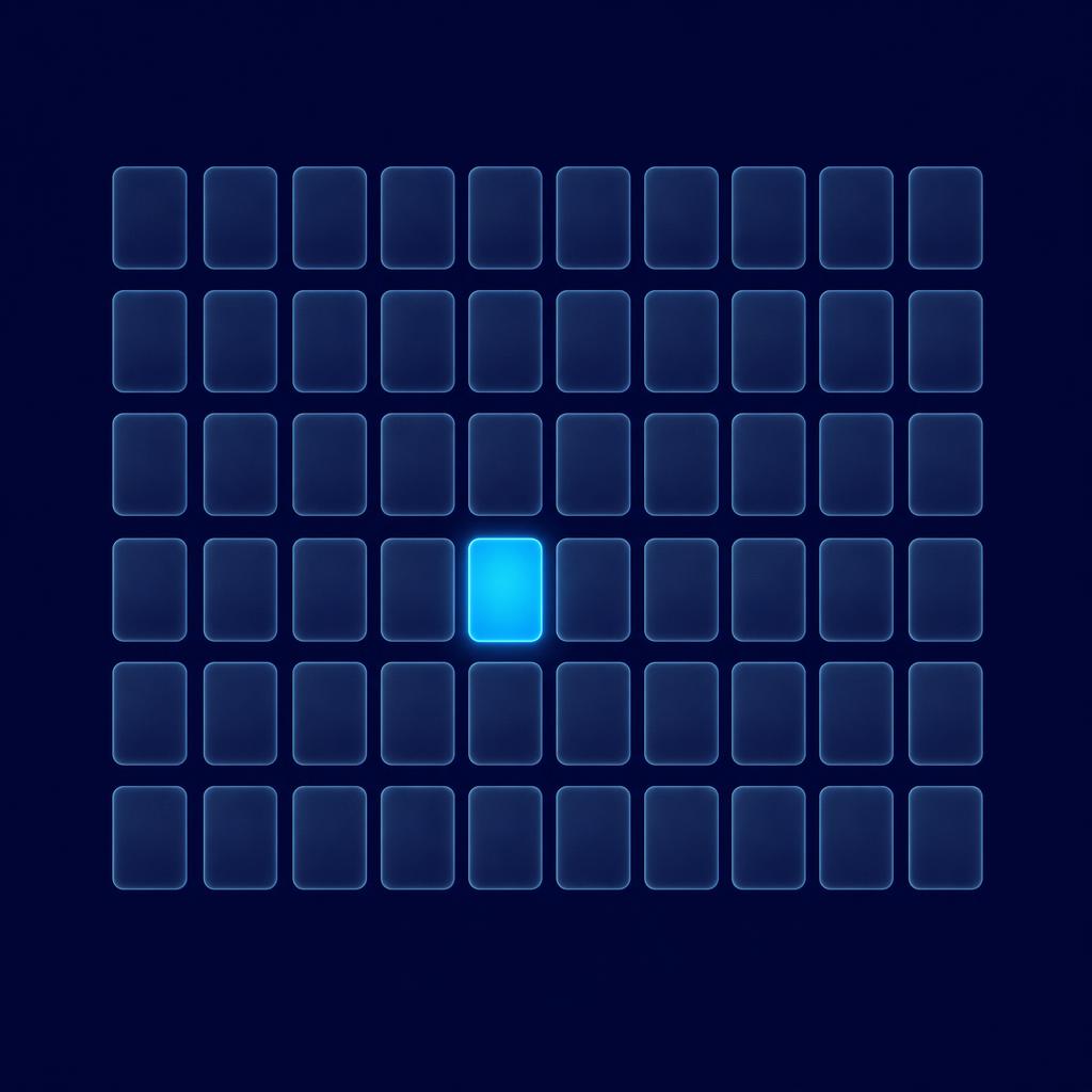 A grid of sixty dim rounded blocks where only one glows, like a single unknown word on a page of known ones