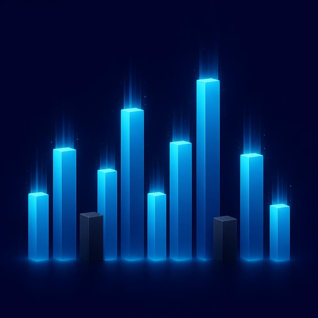 A stack of geometric blocks rising to different heights with two of them sitting dark and motionless, on a midnight navy background