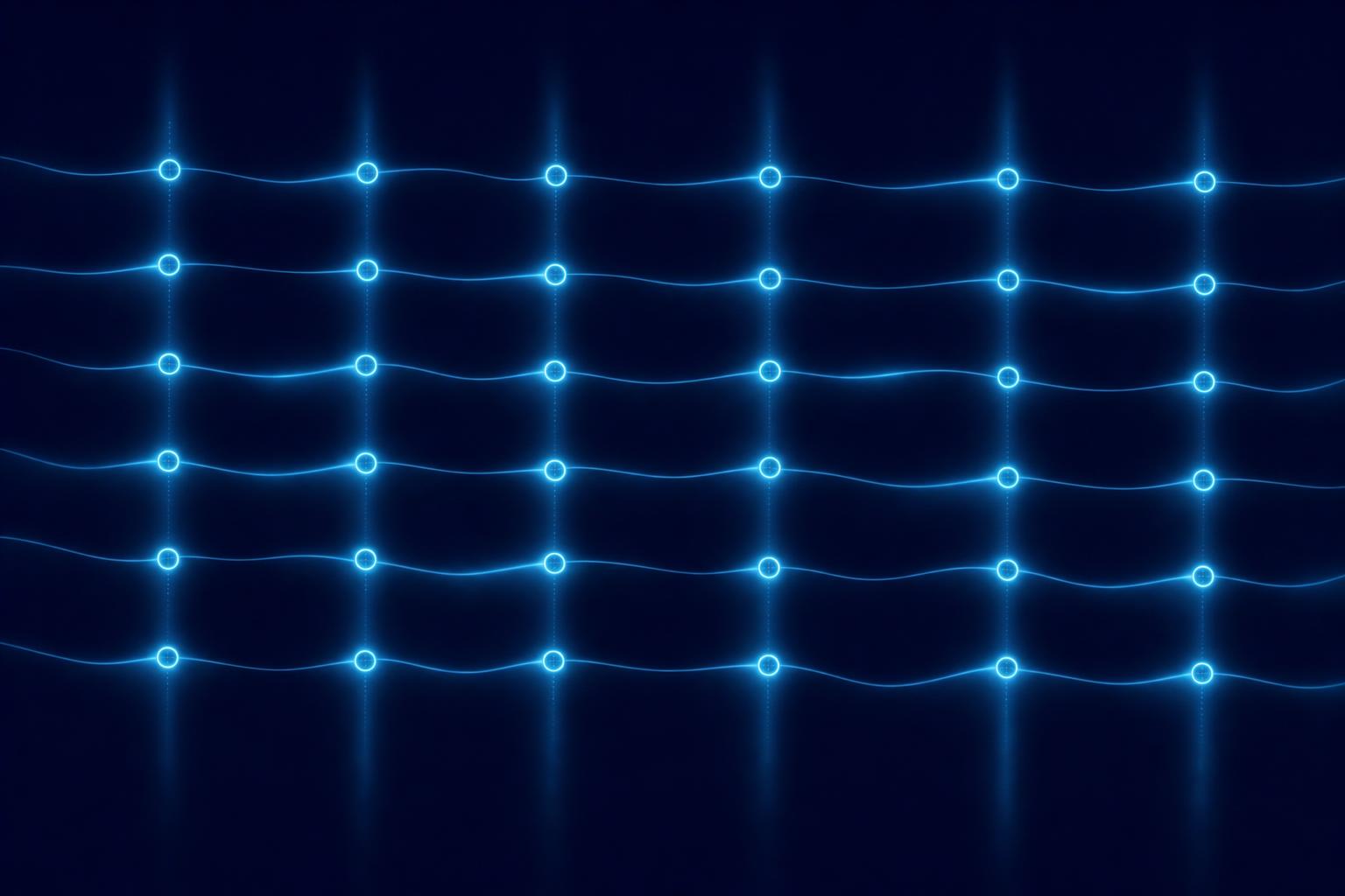 Several stacked horizontal timelines in navy blue, with small glowing cyan rings at roughly regular intervals, aligned from one line to the next