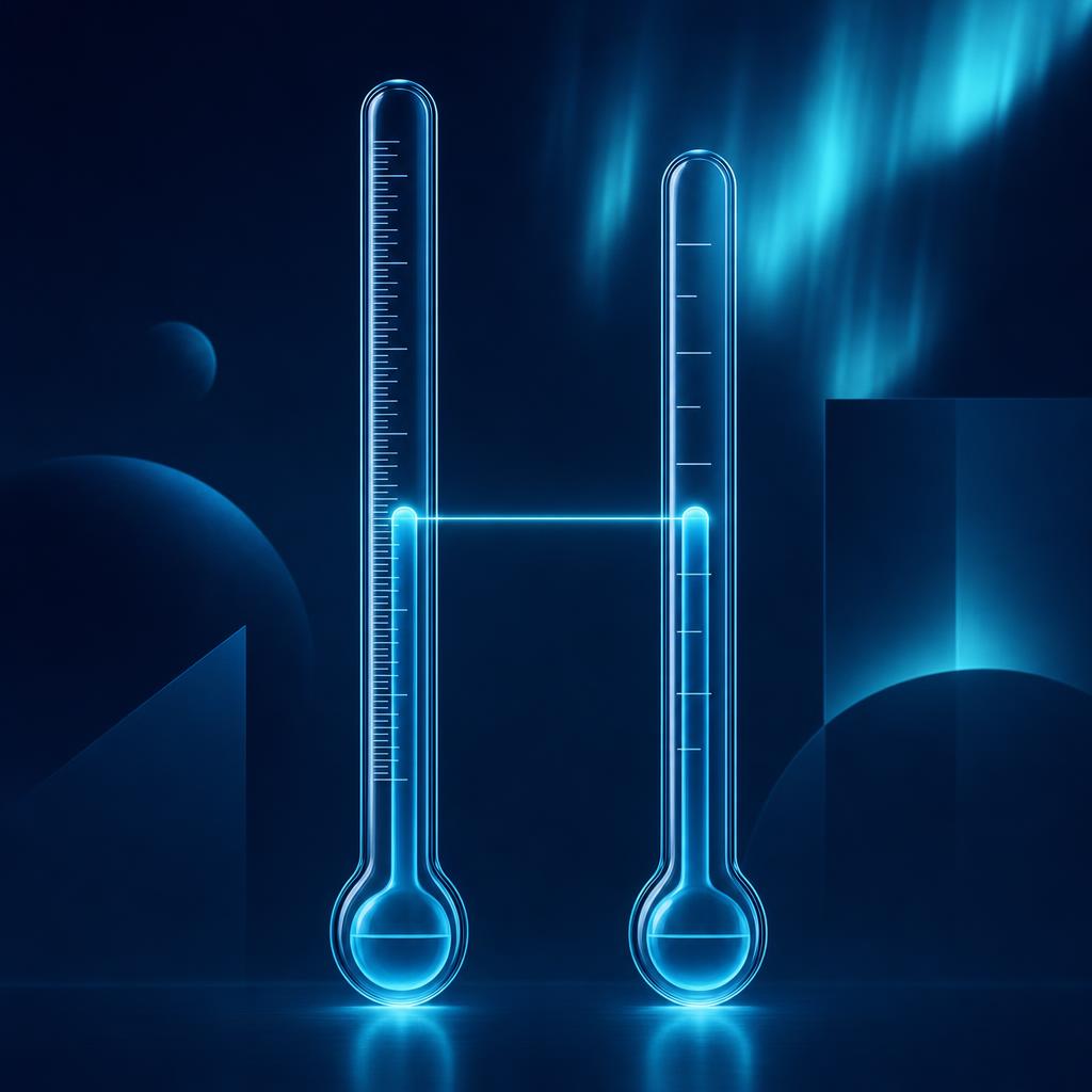 Two thermometers side by side with different scales, Fahrenheit and Celsius, and the liquid at exactly the same height on both, joined by a glowing line