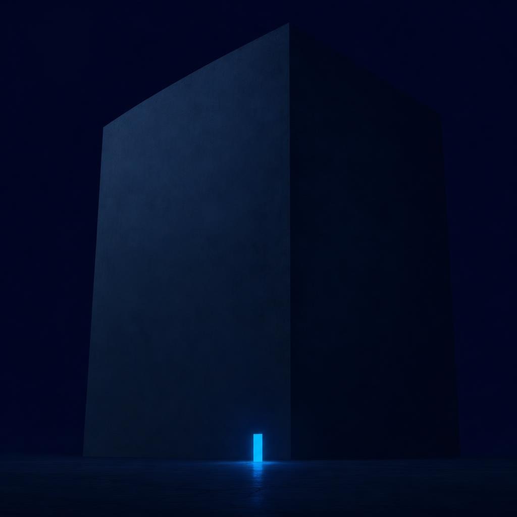A tiny glowing label standing in front of an enormous geometric mass, illustrating how English describes something huge with minimal words