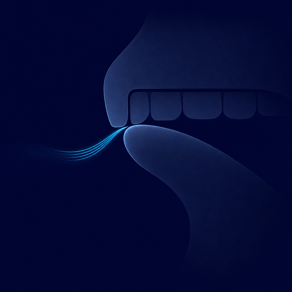 Abstract diagram of the tongue tip touching the edge of the upper teeth while air escapes through a narrow gap