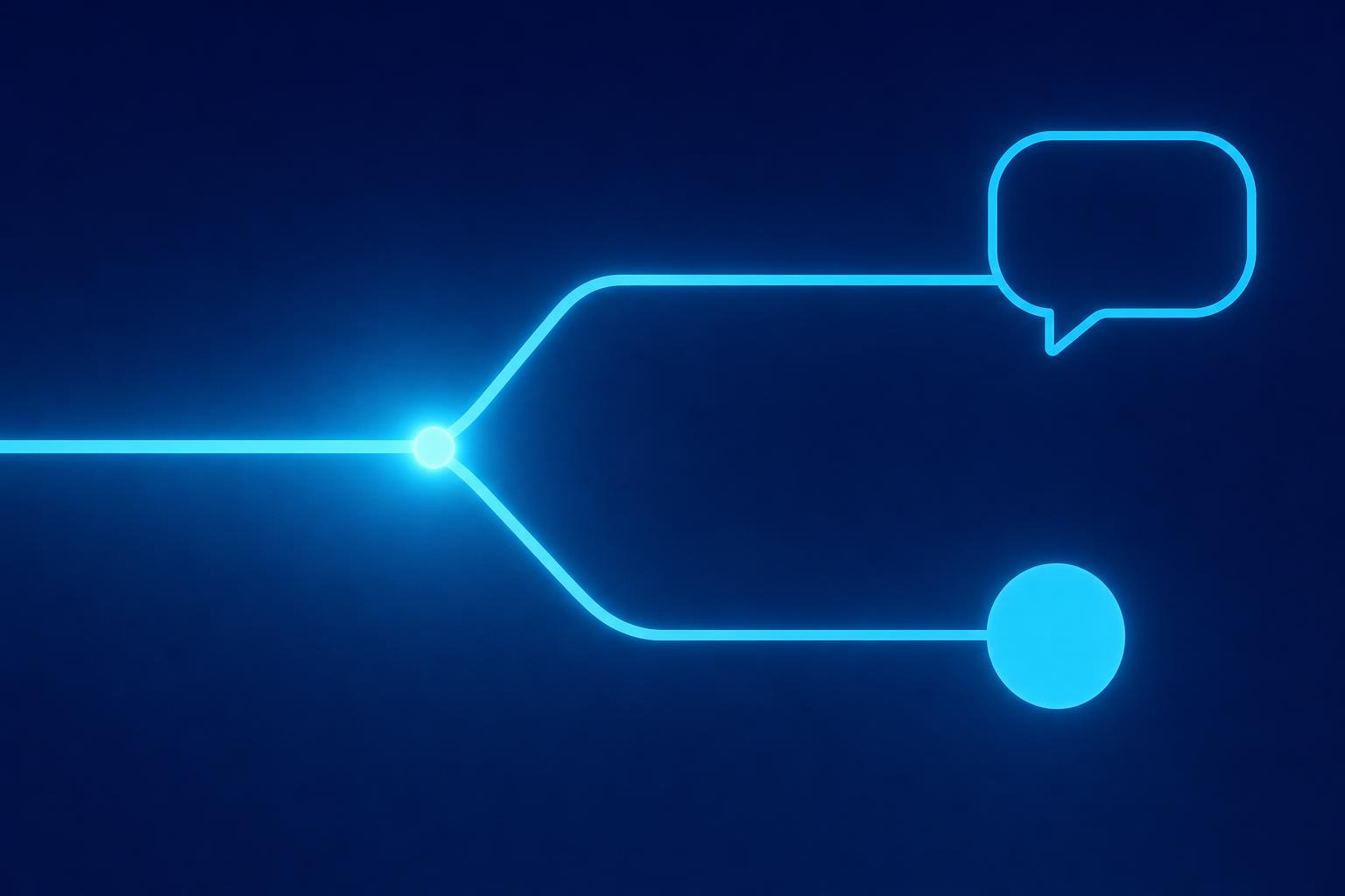 A glowing line forks in two: one branch ends in an empty speech bubble, like say; the other ends in a round node, the listener of tell