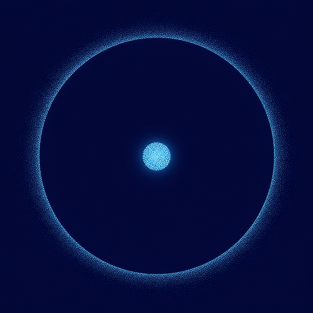 Two concentric rings on a midnight navy background: a very wide outer ring standing for the English words you recognize when listening, and a small core at the center standing for the ones you actually say when speaking