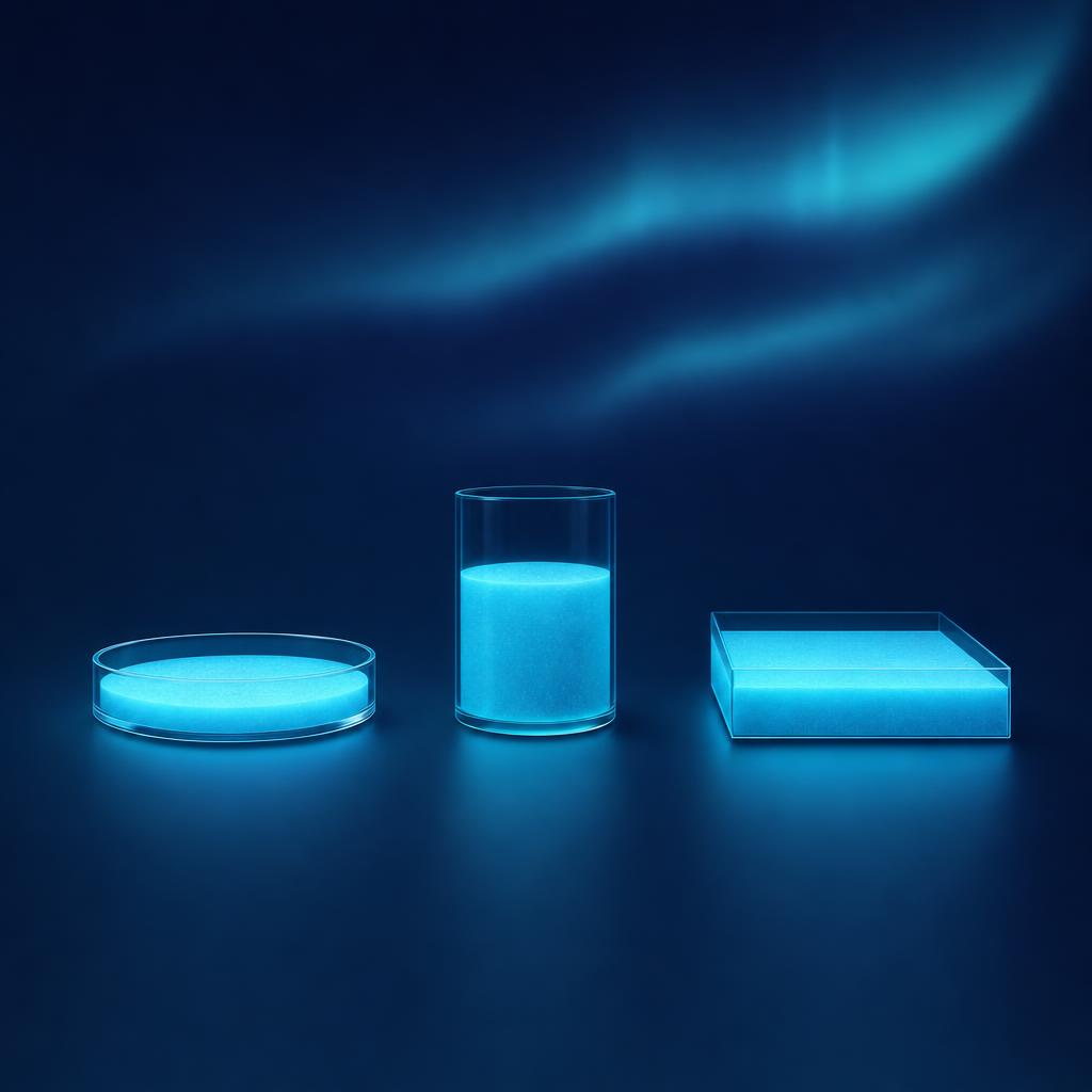 Three different glass vessels, a shallow dish, a cylinder and a rectangular tray, each holding an equal portion of glowing blue material
