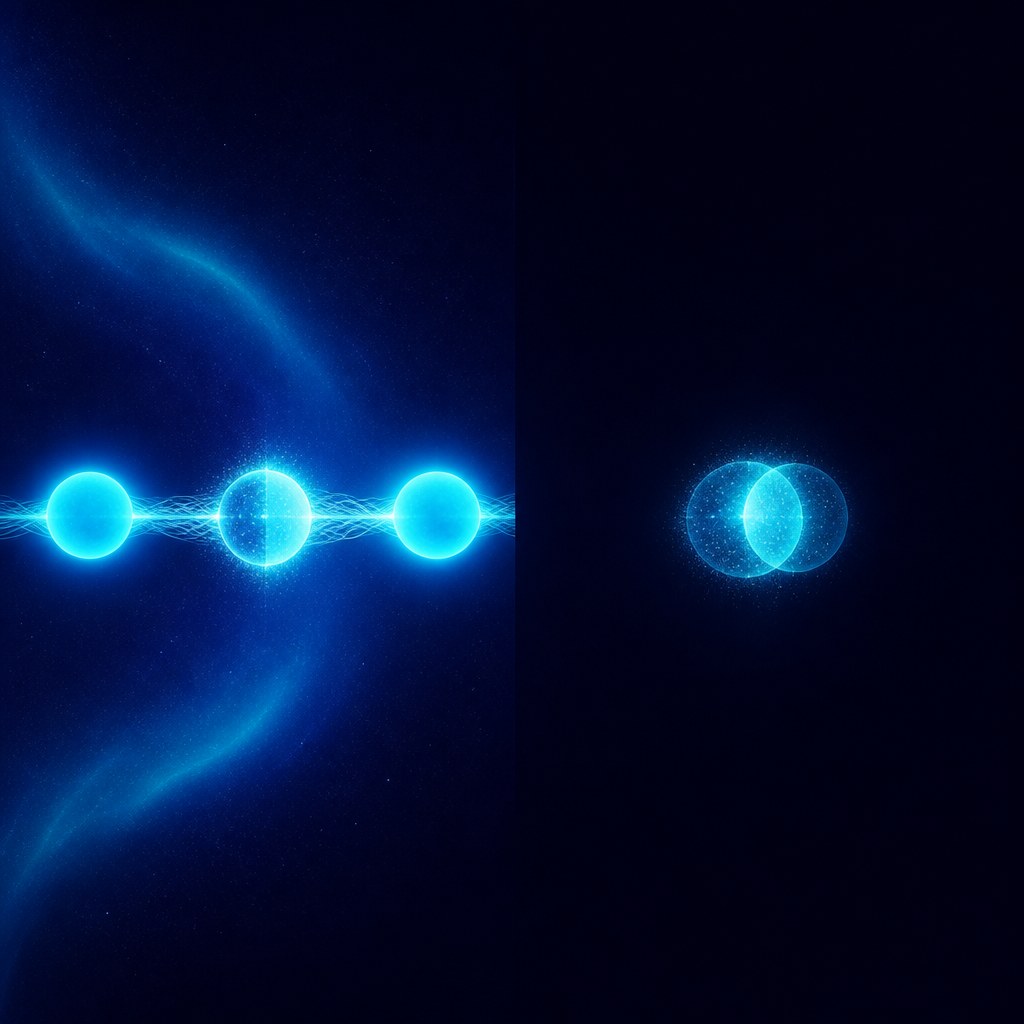 Dos escenas abstractas: a la izquierda, un nodo dudoso sostenido por una cadena de nodos iluminados; a la derecha, el mismo nodo solo en la oscuridad, desdoblado en dos copias
