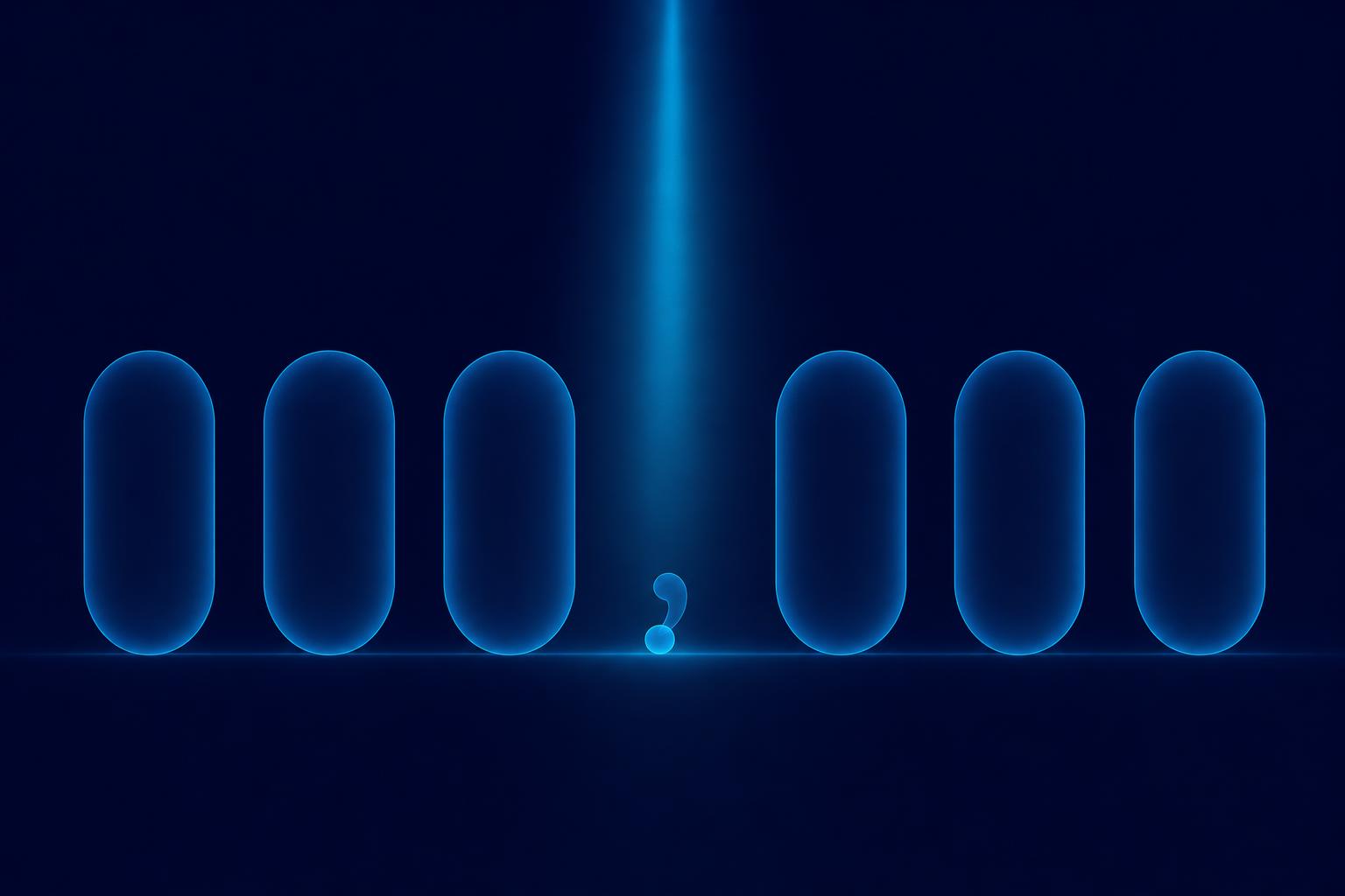 Six rounded capsules in a row, split into two groups of three like 000 000, with a small lit mark in the gap that reads as either a dot or a comma