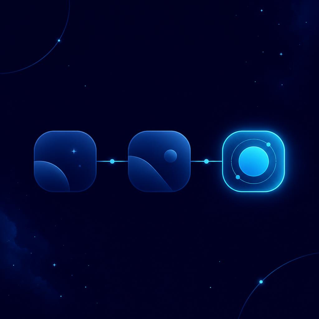 Tres bloques geométricos encadenados en línea sobre fondo azul noche, el tercero iluminado en cian, que representan las tres frases de una presentación