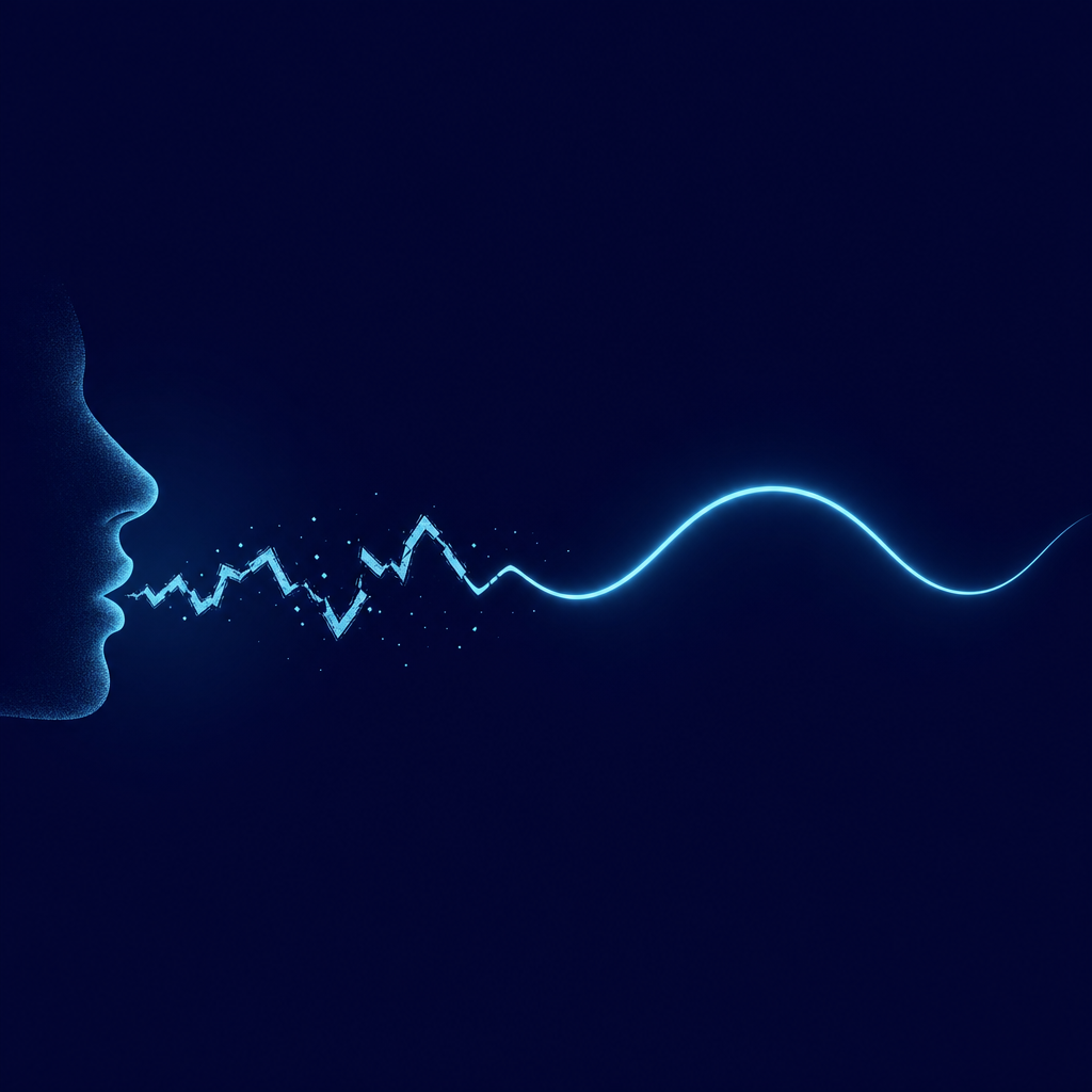 Abstract diagram of a phrase said out loud shifting from a broken stroke to a smooth flowing line, representing automatization, in midnight navy and cyan