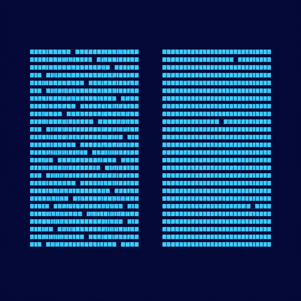 Two blocks of text side by side: the left one has dark gaps every twenty tiles, the right one has only a few