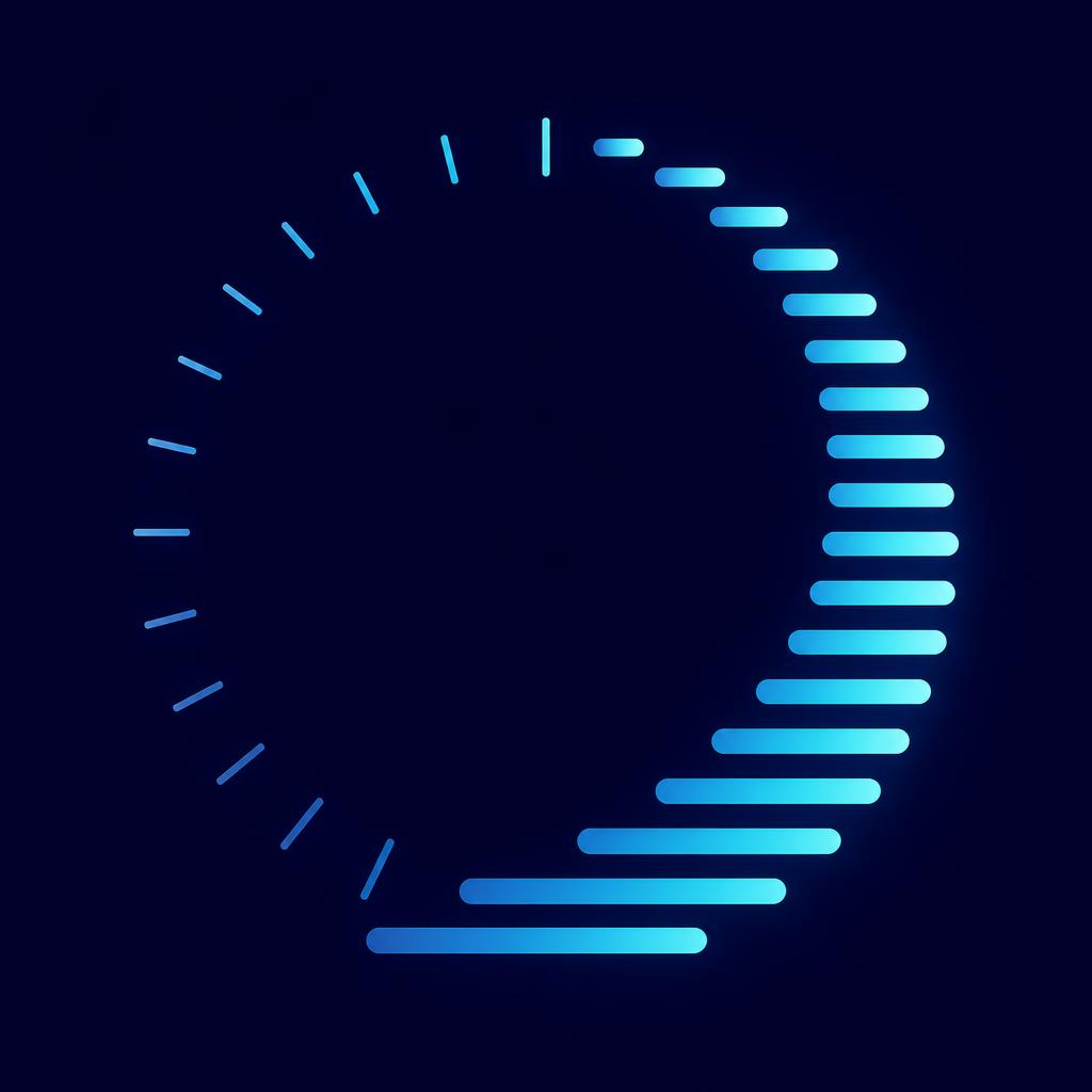 An abstract clock face on a midnight navy field whose hour markers turn progressively into accumulating cyan progress bars