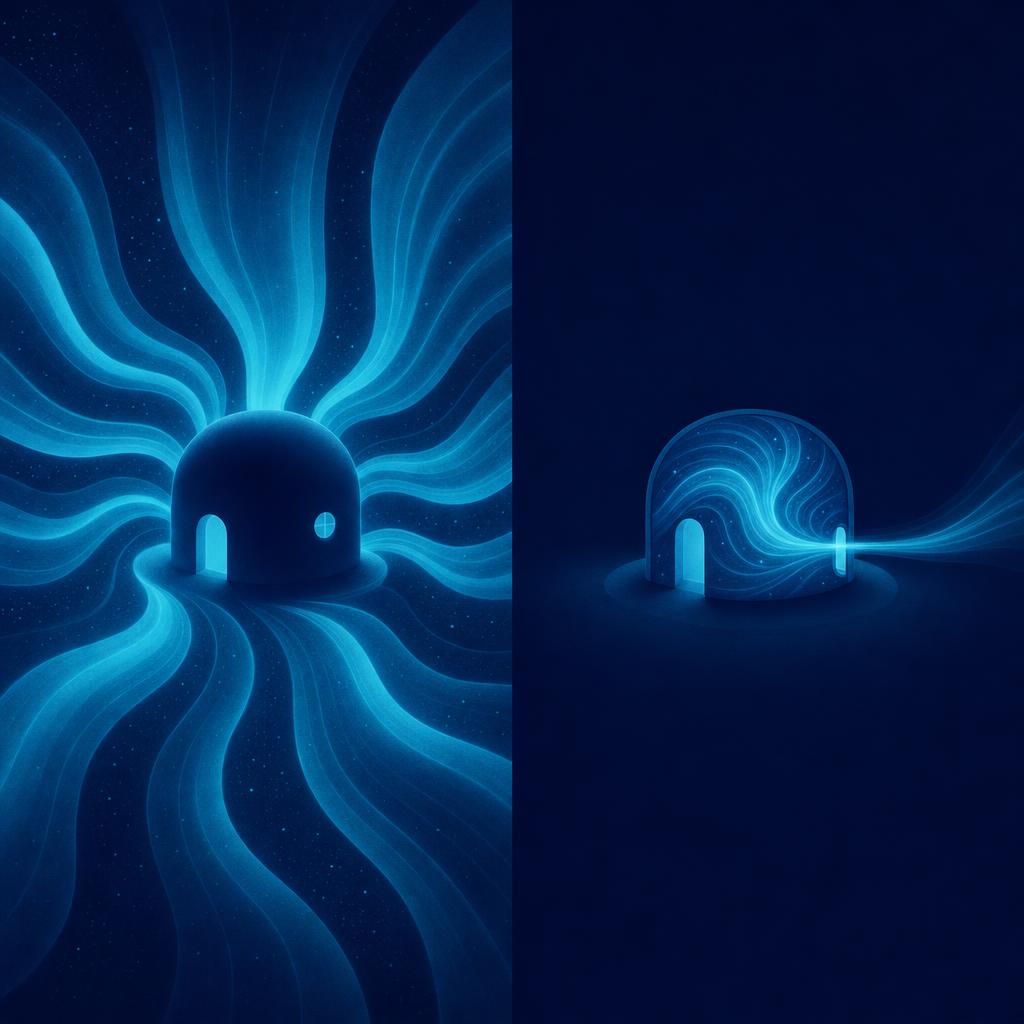 A split image: on the left, a small house surrounded by large outside currents; on the right, the currents swirl inside the house, the outside is calm, and only a thin stream links it to the outside