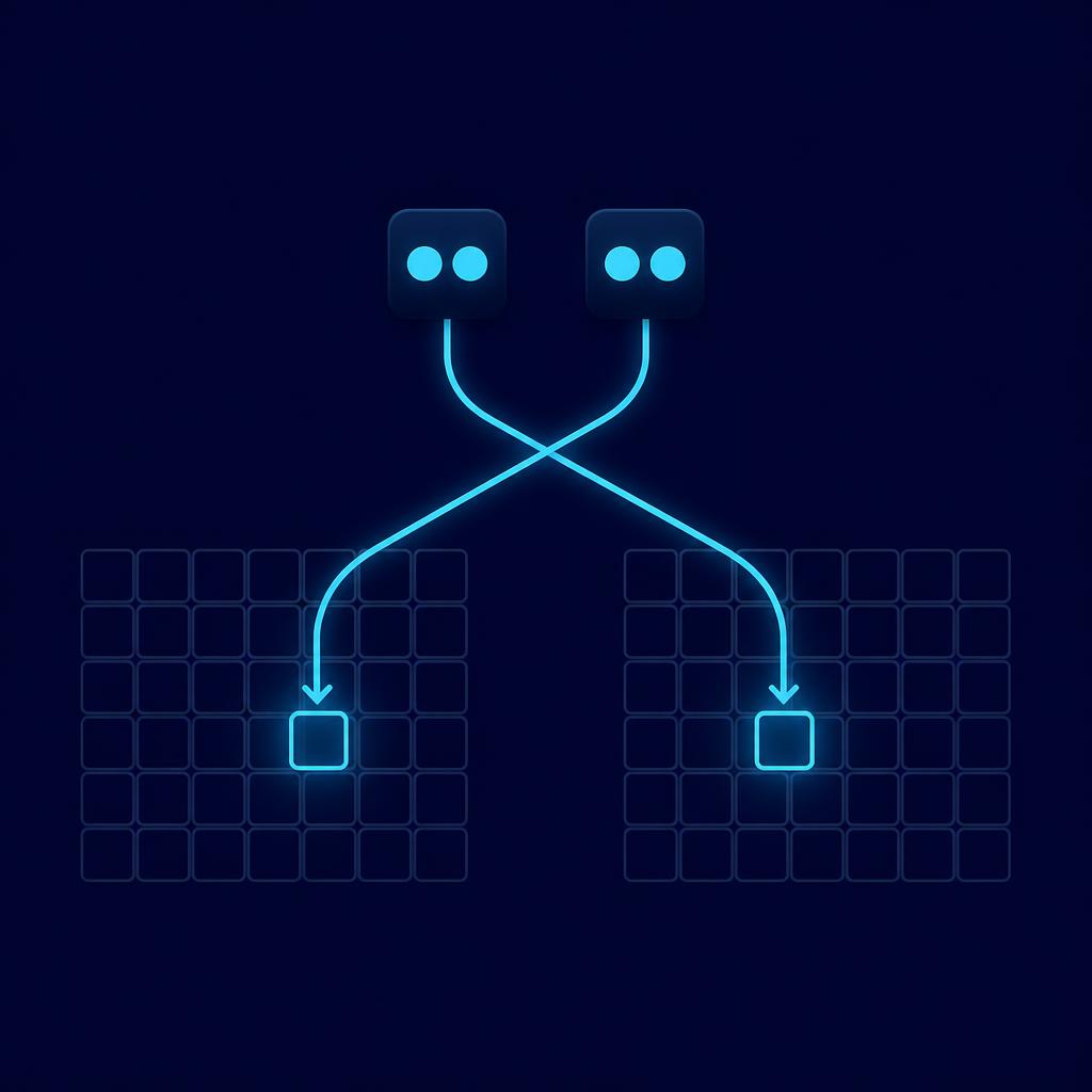 Two identical tiles with two cyan paths leaving them, crossing over, and ending in lit cells inside two separate calendar grids