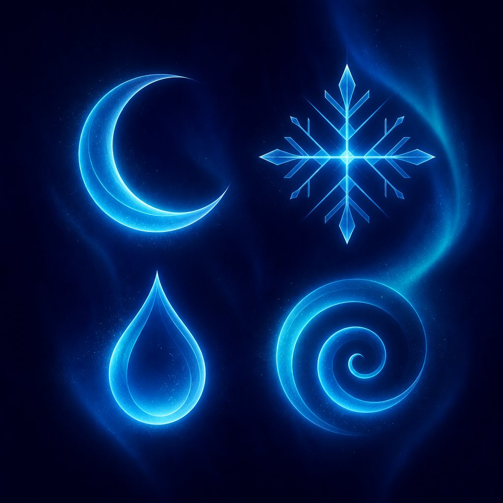 Four glowing cyan symbols on a midnight-navy background: a crescent moon, a snowflake, a water droplet and a spiral