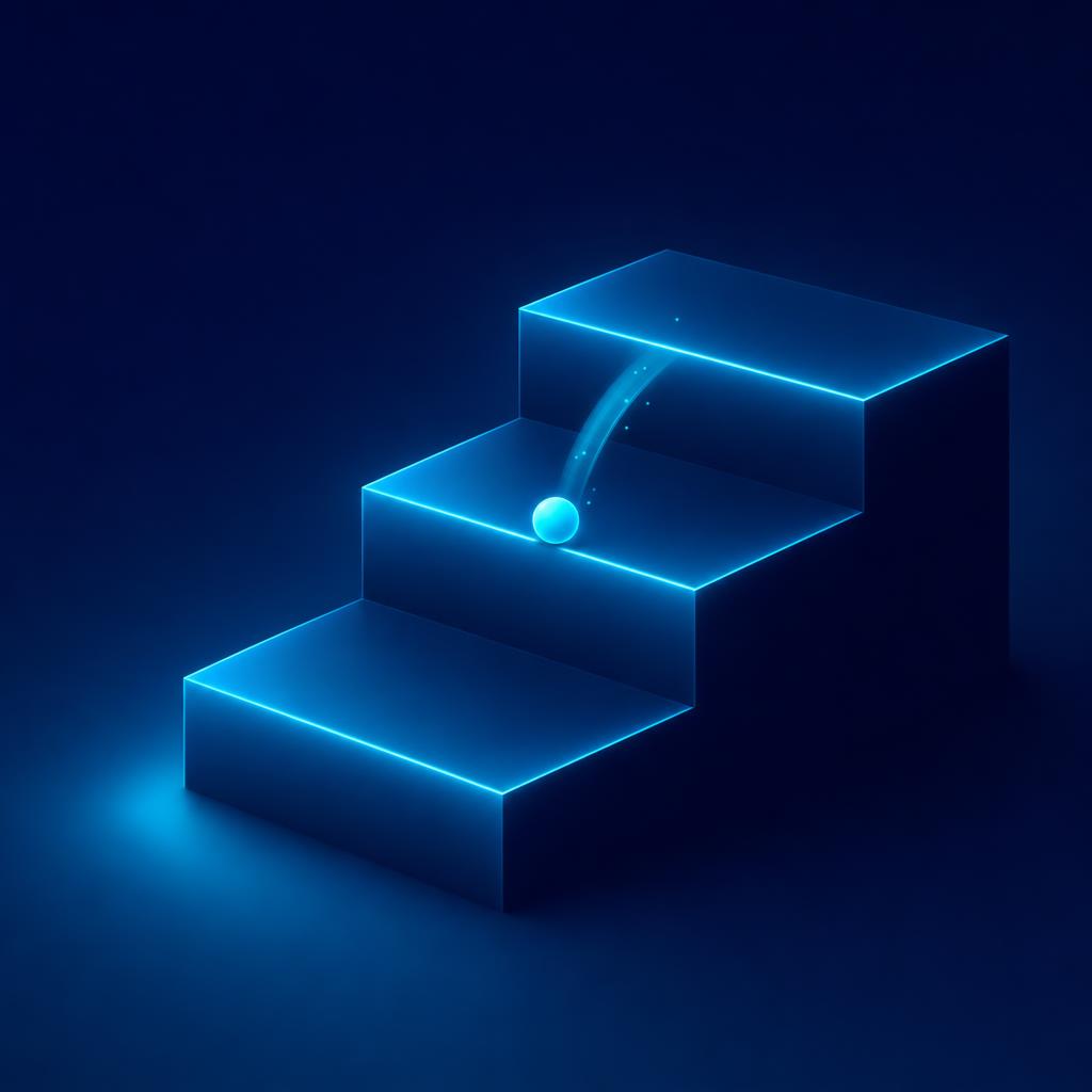 Three isometric steps lit in cyan on a midnight navy background, with a sphere rolling down from the top step to the next one and leaving a trail