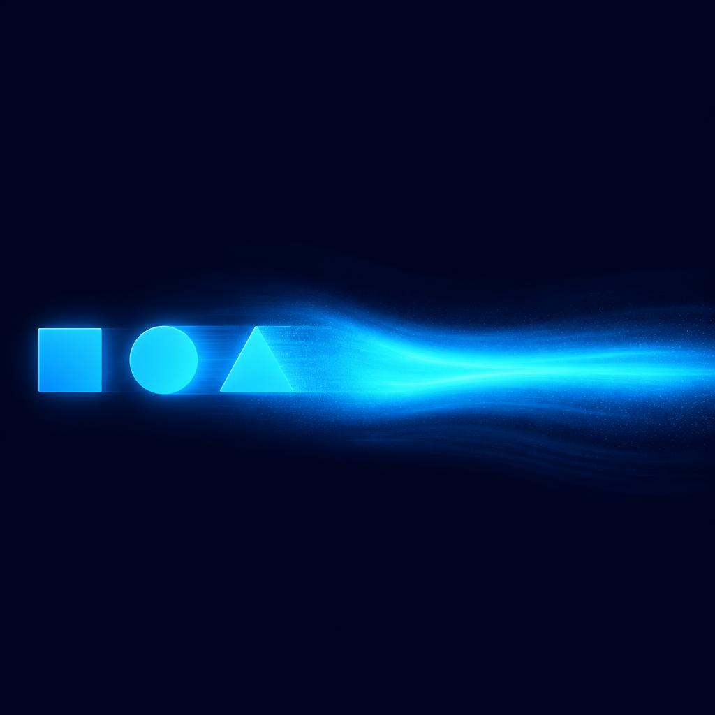 Tres bloques de palabras nítidos y separados sobre fondo azul noche que se funden progresivamente en una sola mancha continua de color cian