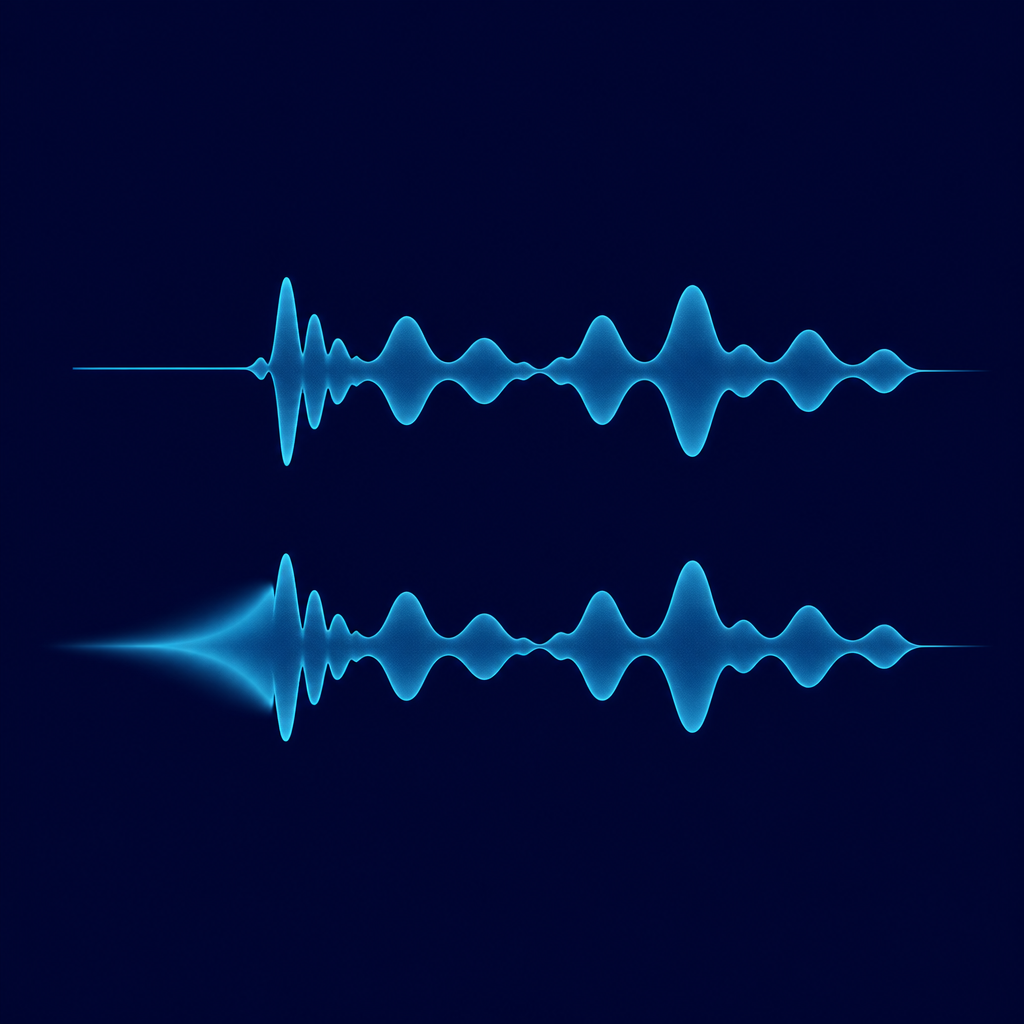 Two waveforms compared: the top one starts abruptly out of silence, the bottom one carries a soft extra bump added before its onset