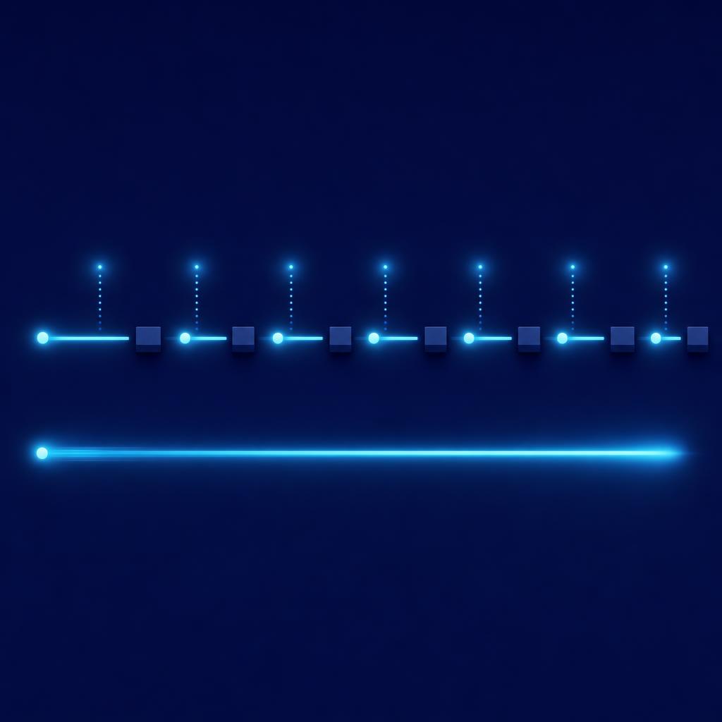 Two tracks: the upper one is broken by stop blocks where a dot halts, the lower one is a smooth, unbroken glowing line