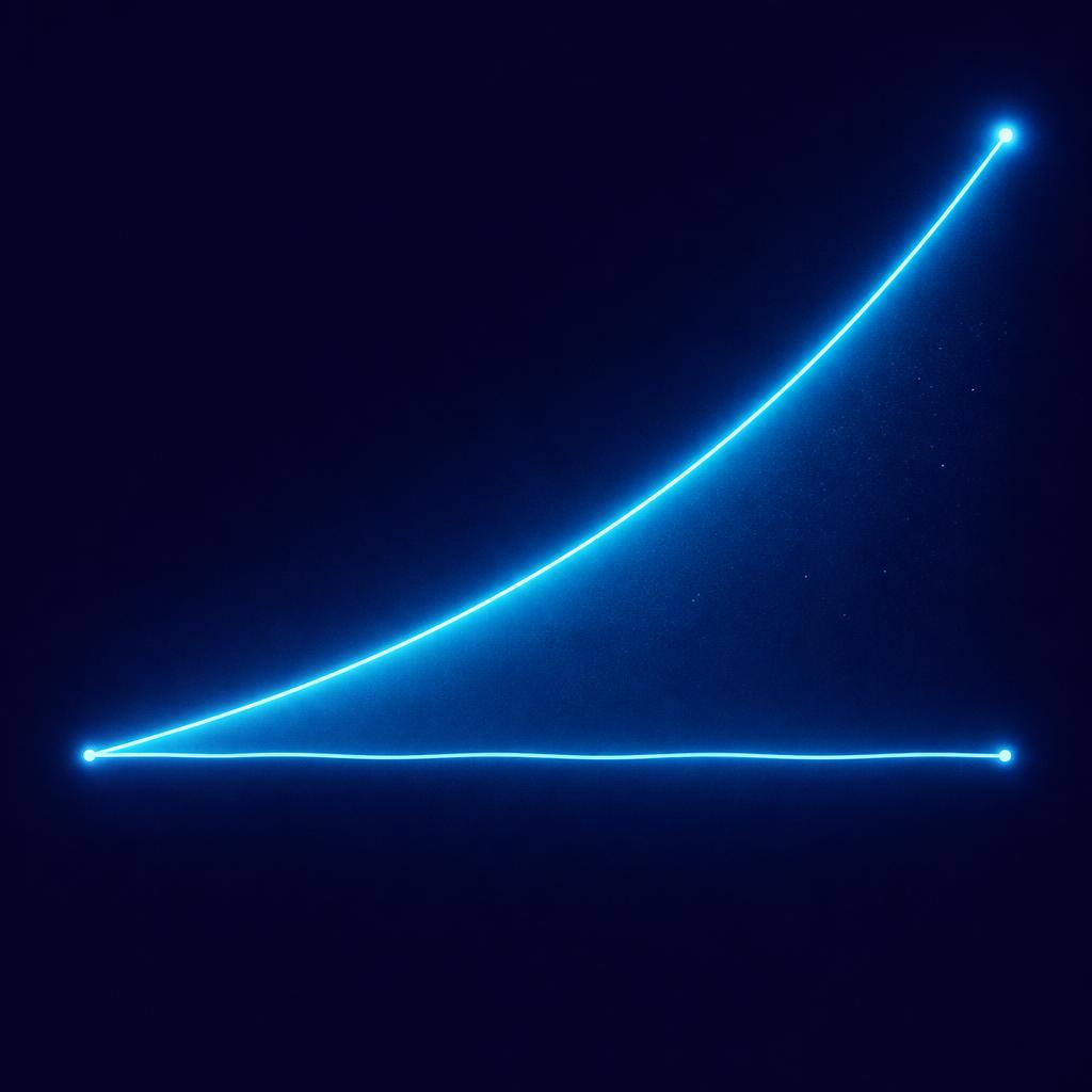 Two glowing lines leaving one shared point and separating, one climbing and the other nearly flat, on a midnight navy background