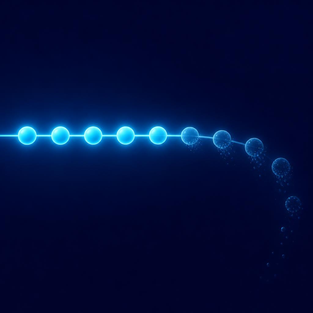 Una cadena de cuentas luminosas cian sobre azul noche que se desvanecen y caen una a una a partir de la sexta