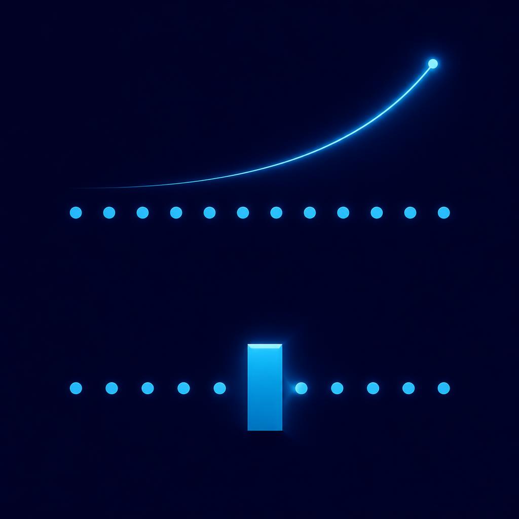 A rising intonation curve above a row of dots, and below it a rigid block wedged into the same row