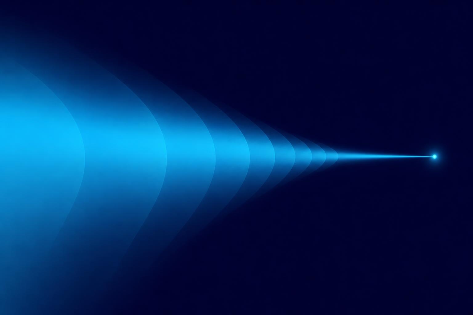 A wide, diffuse cone of light narrowing from left to right into a thin beam that hits a single precise point, in navy blue and cyan