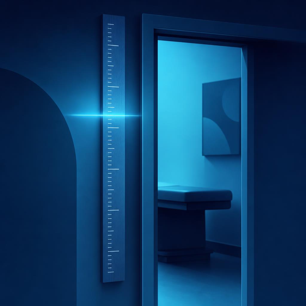 A height chart painted beside a doorframe, divided into large foot sections and small inch marks, with a line drawn at a person's height