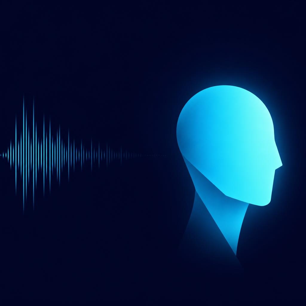 A sound wave fading into darkness while a simple geometric head silhouette stays lit