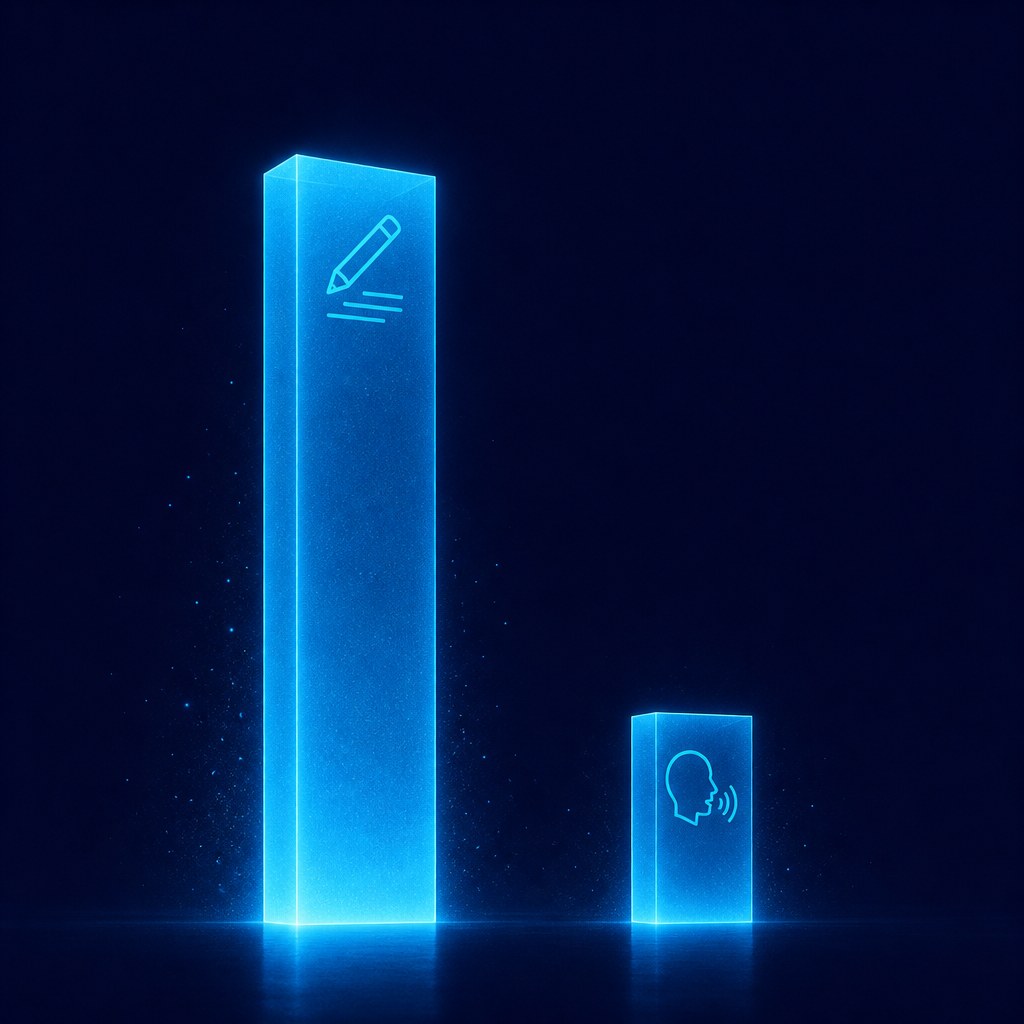 Dos columnas luminosas de alturas muy distintas sobre fondo azul noche: la alta lleva un icono de lápiz, la baja un icono de una cabeza hablando