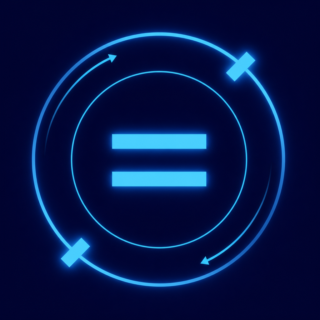 Two concentric neon rings on a deep navy background: on the outer ring, two tilted blocks swap places mid-rotation; on the inner ring, two identical bars stay straight and parallel, because only the main question inverts