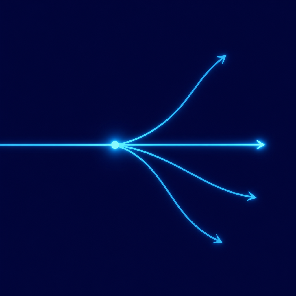 Abstract diagram of a path forking into four wrong branches representing the sounds t, d, s, and f