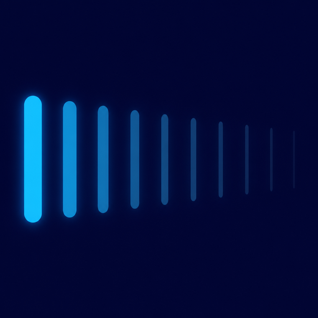 A horizontal row of elongated geometric tiles in midnight navy and cyan fading from left to right, from solid to nearly transparent, illustrating how most slang terms disappear within a year