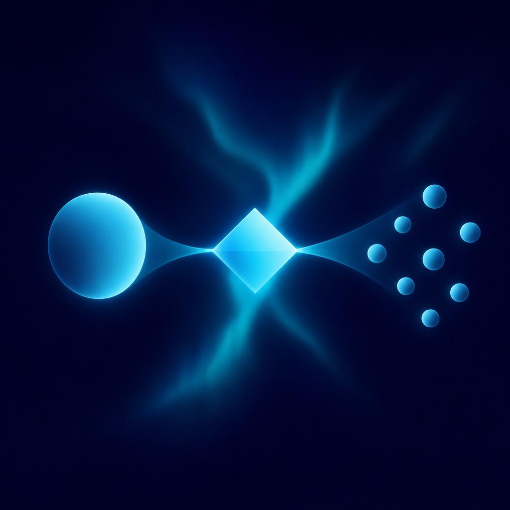 A glowing blue sphere passing through a prism and emerging as several small separate spheres, on a midnight navy background