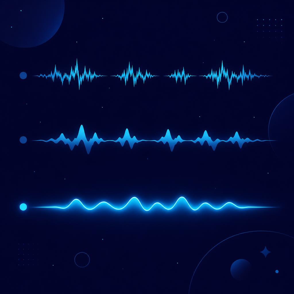 Tres ondas de sonido consecutivas sobre fondo azul noche que se vuelven progresivamente más limpias y continuas, en cian