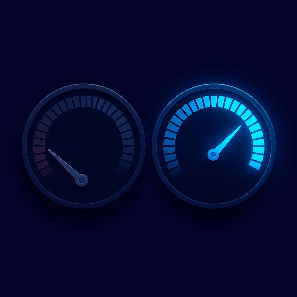 Two abstract gauge dials on a midnight navy field: the one standing for accent has its needle swung down into a dim zone, the one standing for grammar still points high and glows cyan