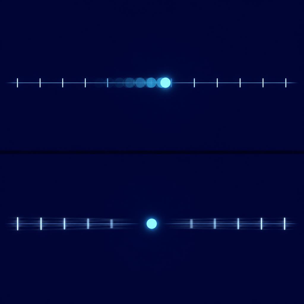 Two panels: on top, a cyan dot travelling along a still line of tick marks; below, the dot held still while the line of ticks streaks past it