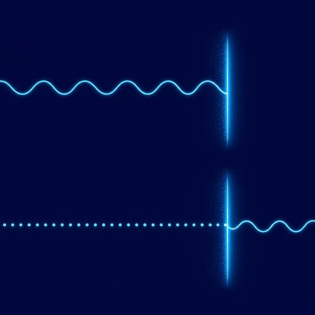 Two timelines: on top, a wavy line ends at a barrier; below, a dotted walking line halts at a barrier and a new wavy line starts after it