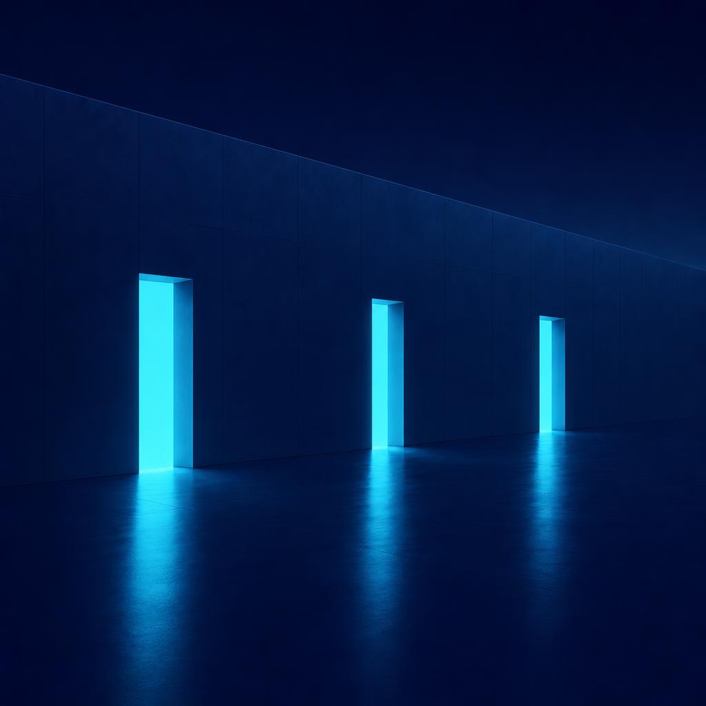 A dark wall with exactly three vertical doorways lit in cyan, their light reflecting on the polished floor, on a midnight navy background