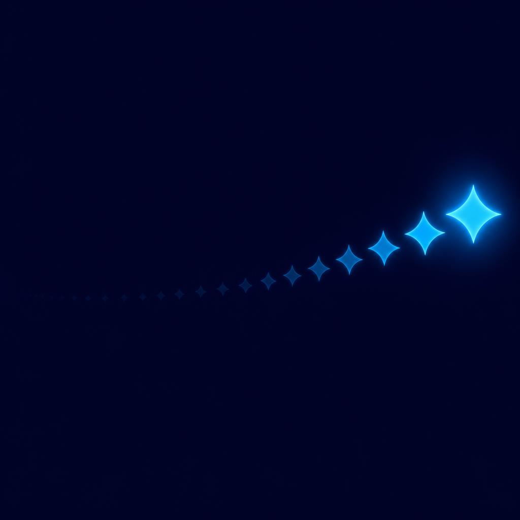 A small star-shaped token repeated along a curve, growing from faint and small to bright and large, like a word that sticks after many encounters